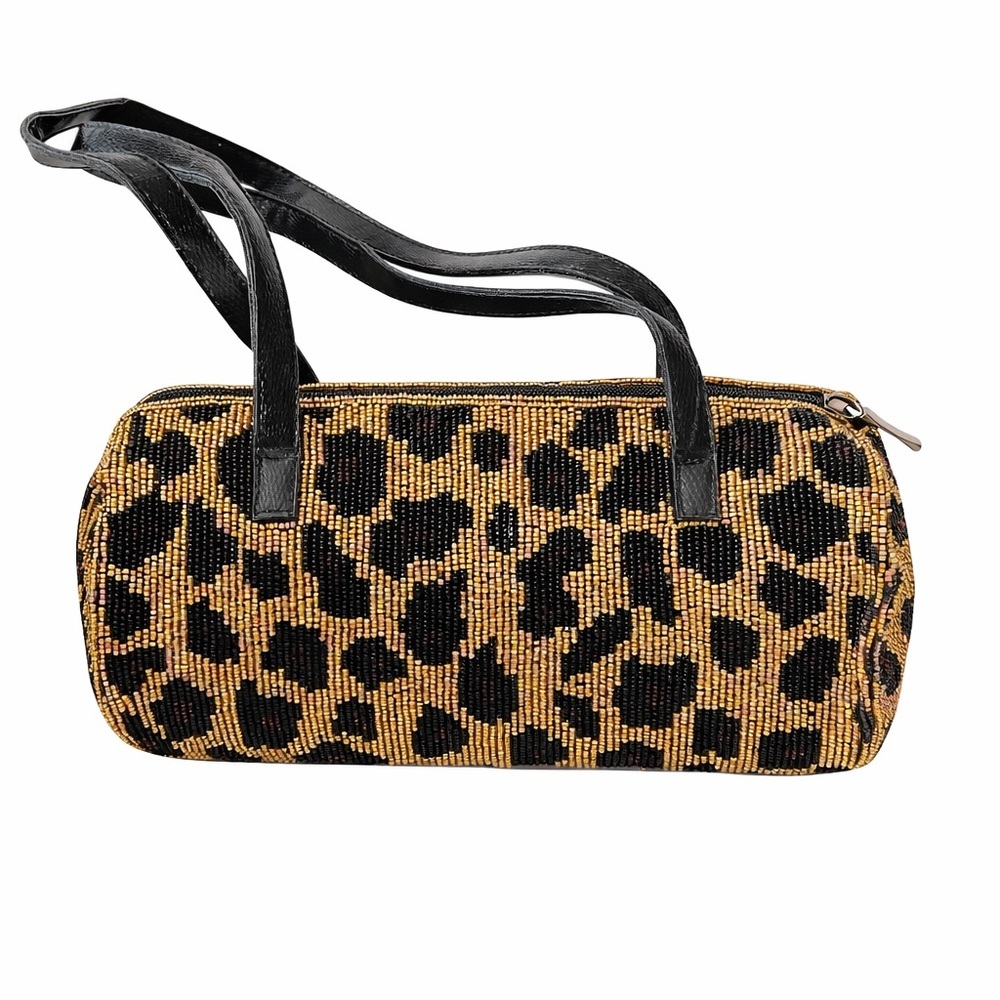 Vintage Beaded Leopard Print Barrel Bag Purse Double Handles